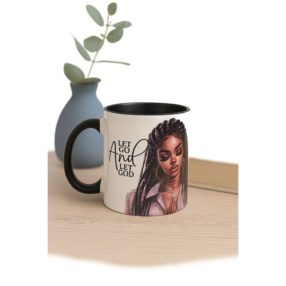 Coffee Mug With Inspirational Message "Let Go And Let God" Black handle White